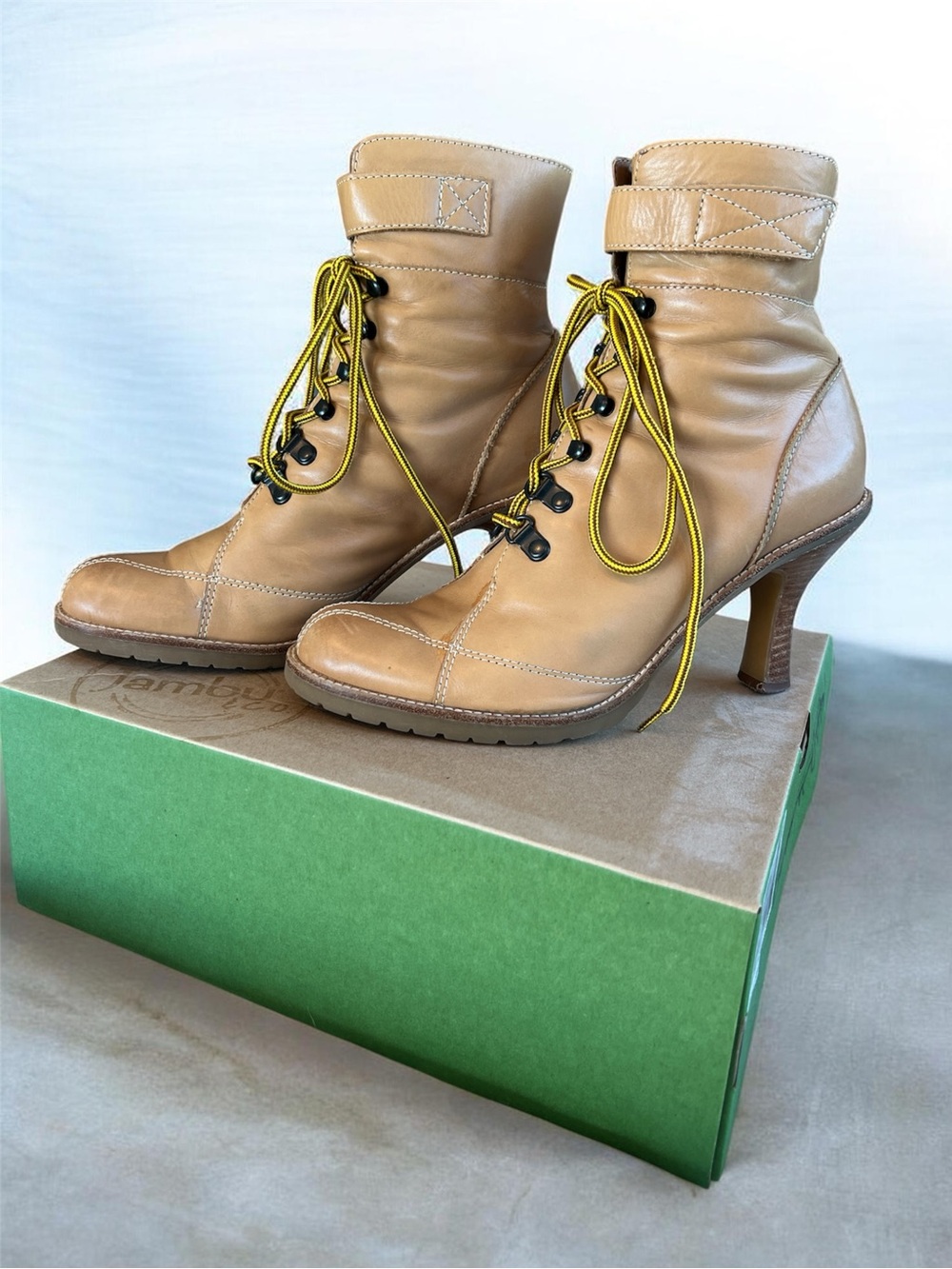 Nine West Tan Leather Lace-Up Heeled Ankle Boots with Yellow Laces - Picture 1 of 7